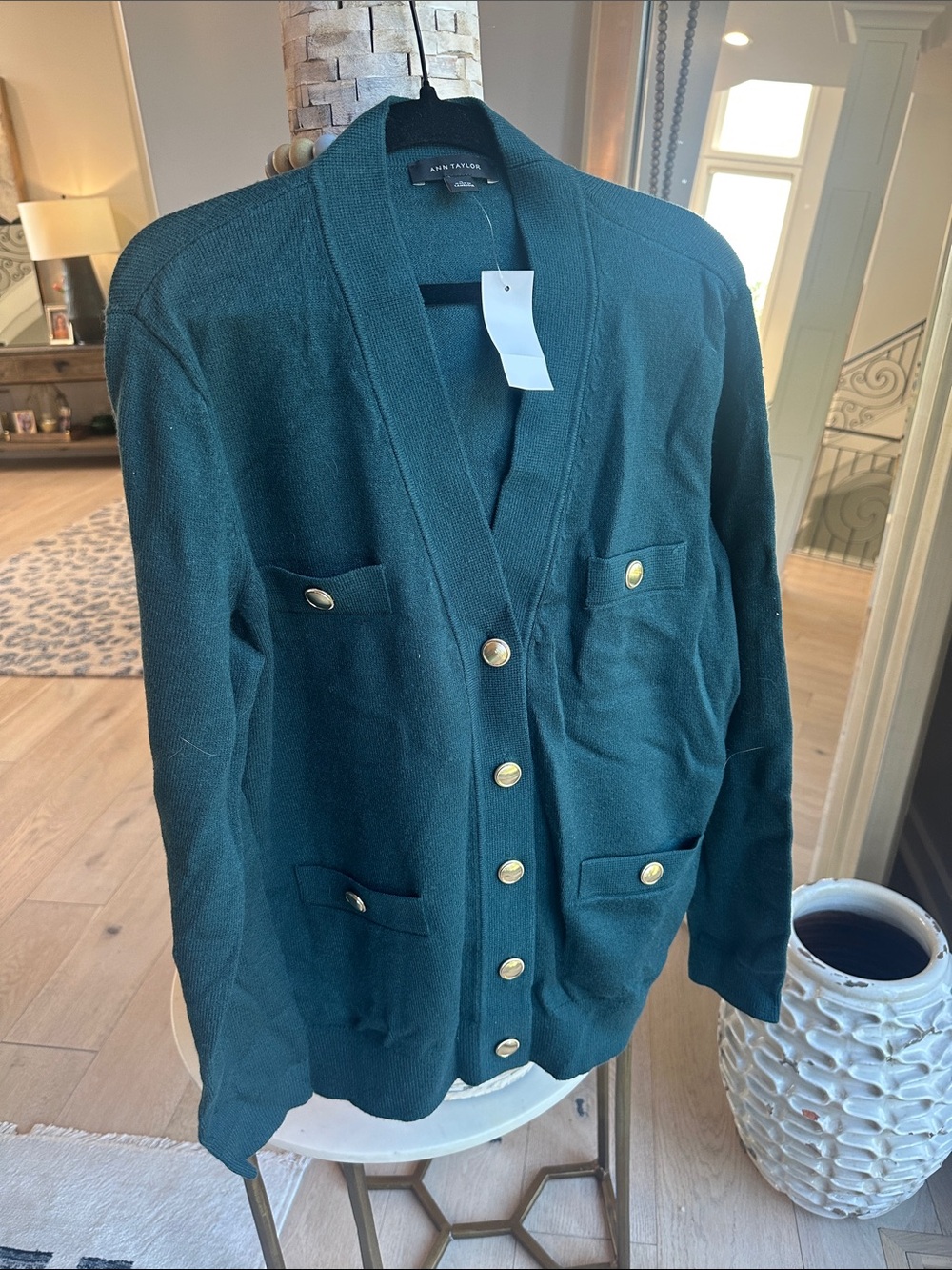 Ann Taylor Dark Green Gold-Button Pocket Cardigan